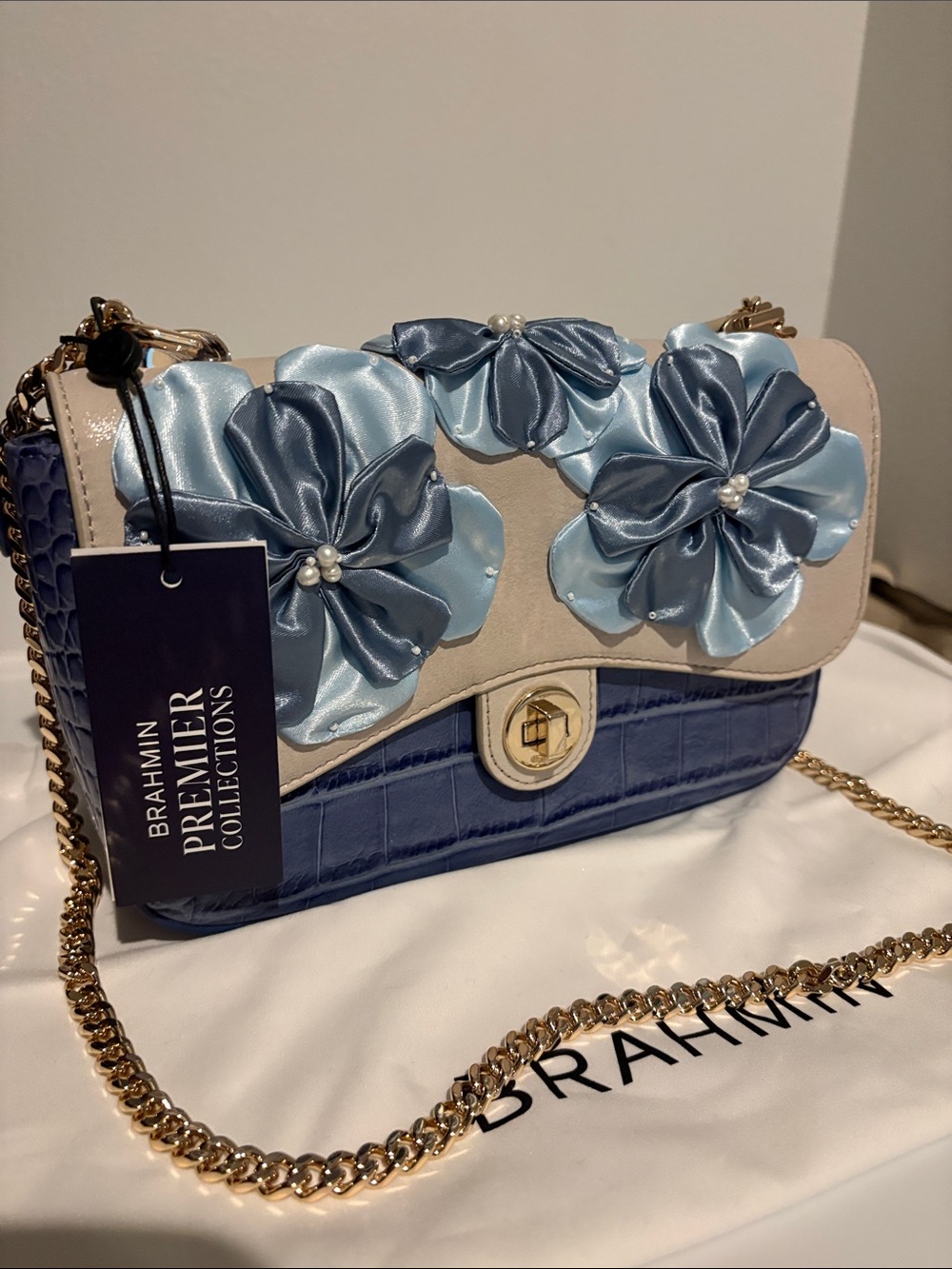 Brahmin Crossbody Bag with Blue Satin Floral Appliqués and Cream Flap